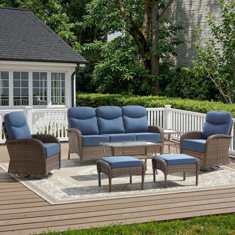 Meyreso 7-Piece Wicker Patio Conversation Set with Swivel Gliders and 6-Inch Thick Olefin Cushions