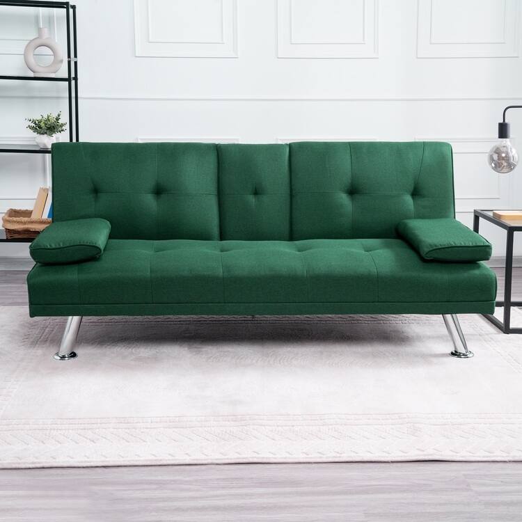 Futon Sofa Bed Couch with Armrest & Cupholders, Faux Leather Sofa Bed Couch Convertible Folding Reclining Small Couch - Green,Linen