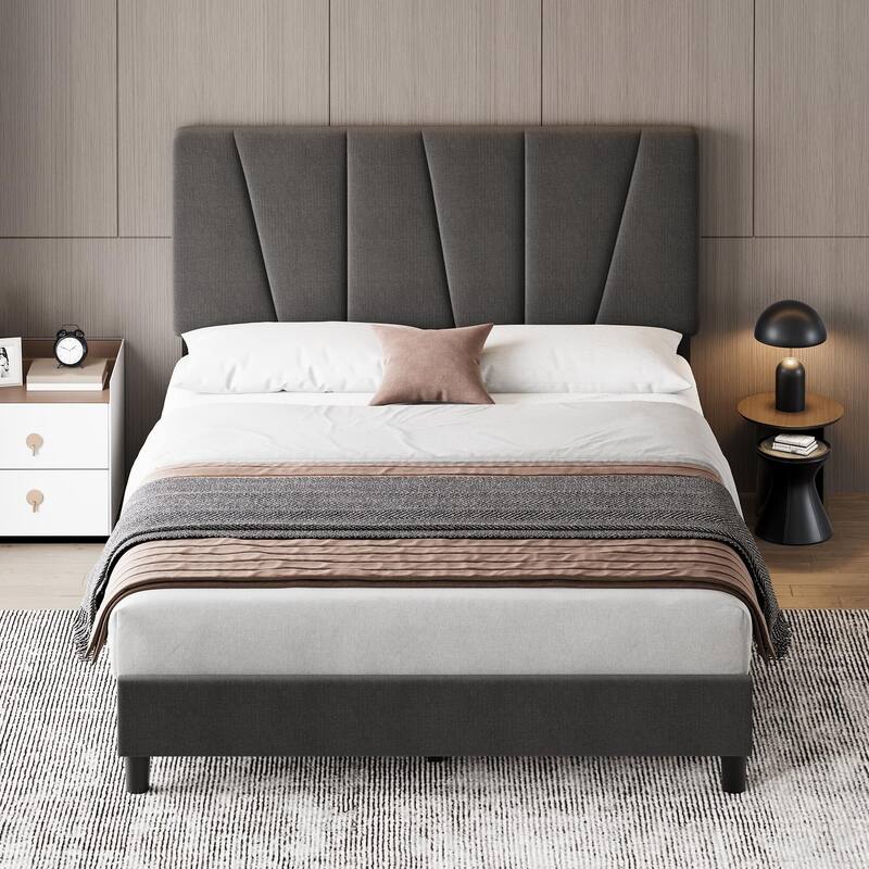 Linen Upholstered Platform Bed Frame with Strong Wooden Slats