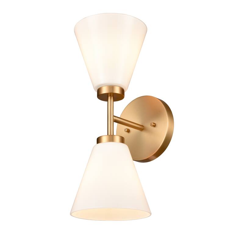 2-Light Vanity Light with Twin Frosted Shade - 15" - Brushed Gold and White