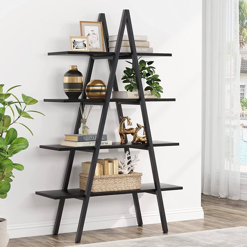 4-Tier Bookshelf Bookcase 4 Shelves Industrial Ladder Shelf, Brown and White