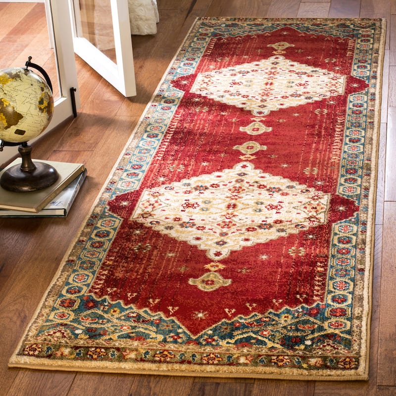 SAFAVIEH Kashan Candice Oriental Rug with Fringe - 2'6" x 8' Runner - Ivory/Blue