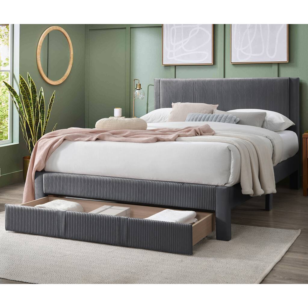 Contemporary 1pc Queen Size Bed w Storage Drawer Charcoal Corduroy Texture Design Platform Bedframe