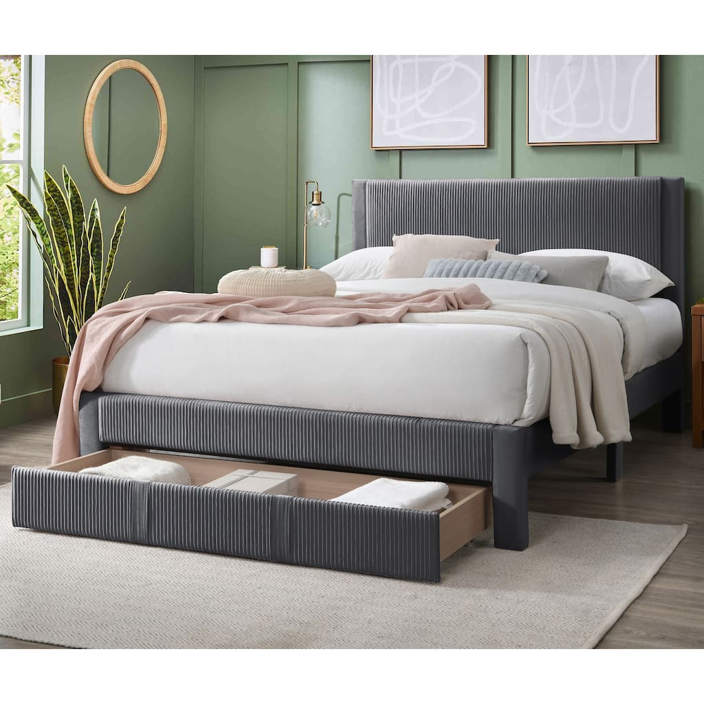 Queen Size Platform Bed with Storage Drawer, Charcoal Corduroy Texture, Modern Design