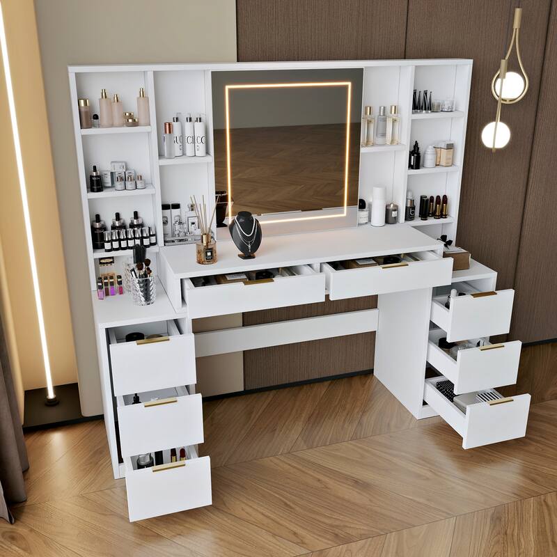 Vanity Desk with LED Light Mirror, Large Dressing Table with 8 Drawers & Open Shelves, 3 Color Mode Brightness Adjustable