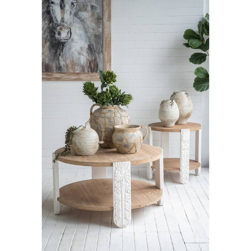 Round Two-Tiered Wooden Side Table with Natural Brown Finish and Distressed White Legs