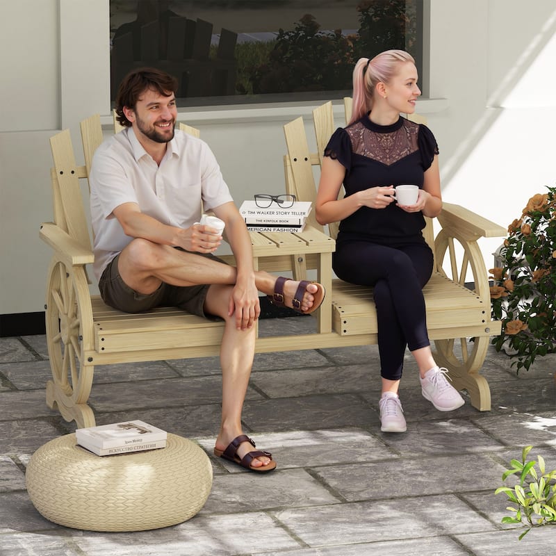 Fir Wood Wagon Wheel Outdoor Garden Bench with Table - 60.6" W x 25.6" D x 40.2" H