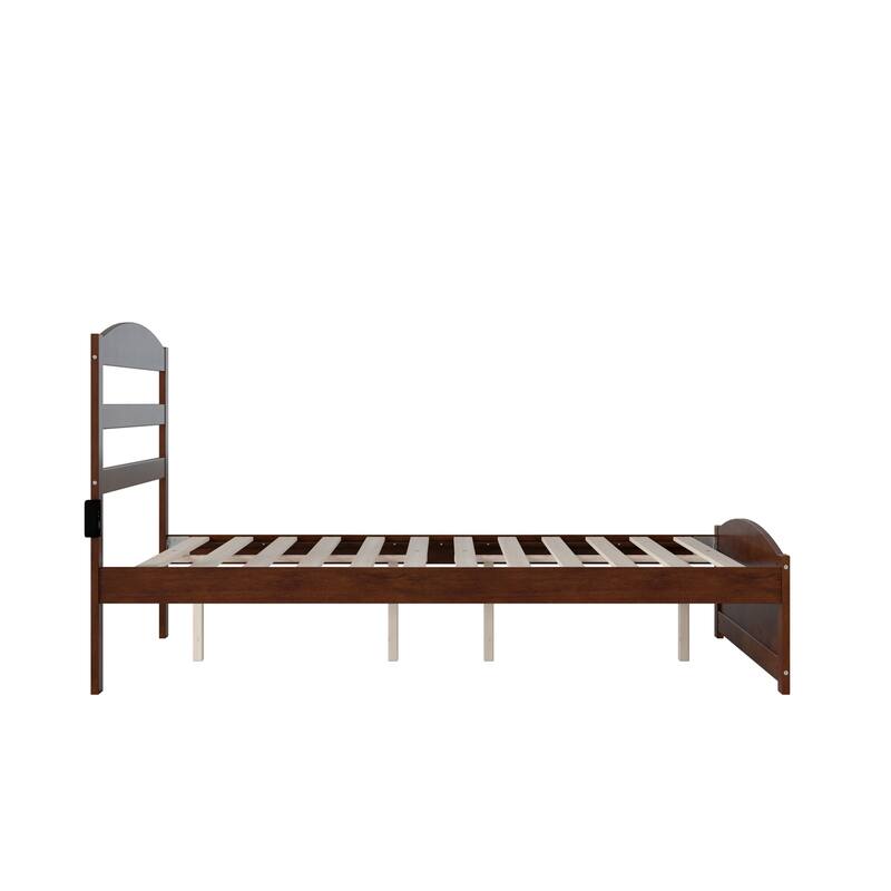 Full Platform Bed - Walnut Finish, USB Charger, Modern Design, Solid Wood Frame, Easy Assembly