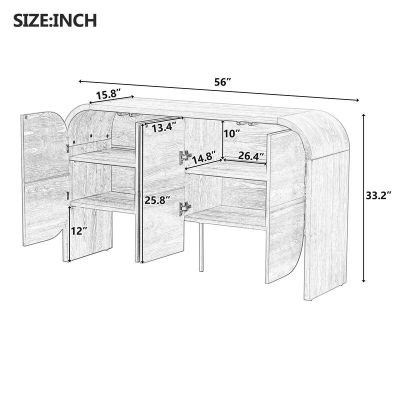 Retro 4 Doors Buffet Cabinet Curvy Edg Sideboard Cabinet with Adjustable Shelves, for Living Room, Kitchen, Black