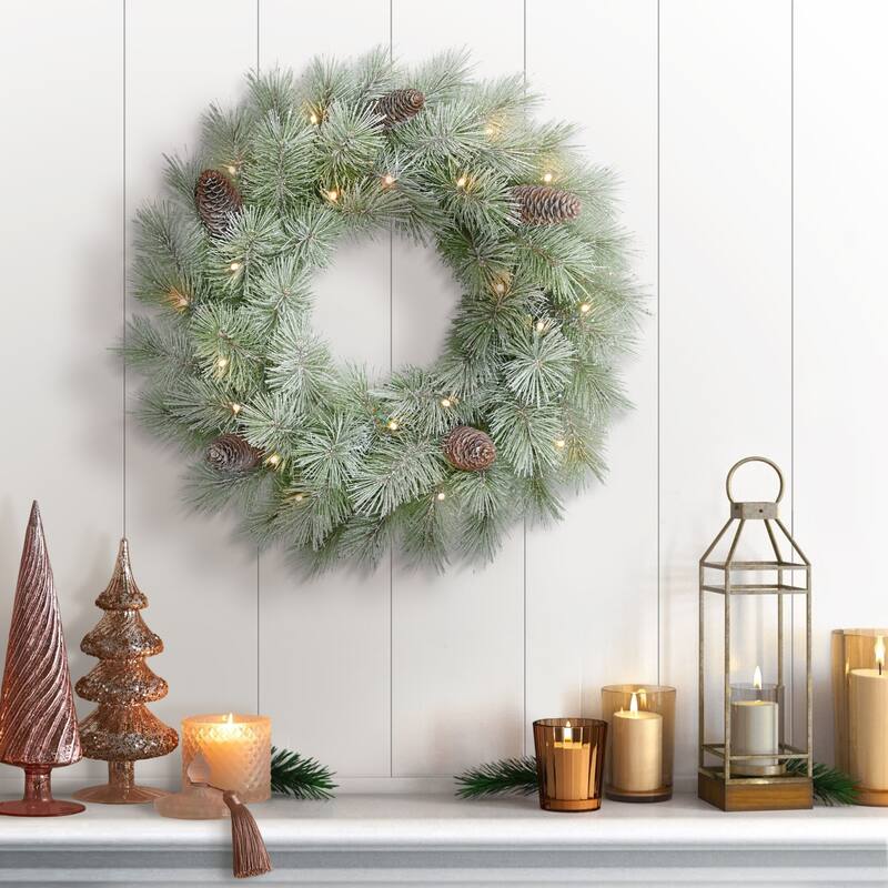 Pre-Lit Battery-Operated Flocked Artificial Christmas Wreath - 24" - Warm White