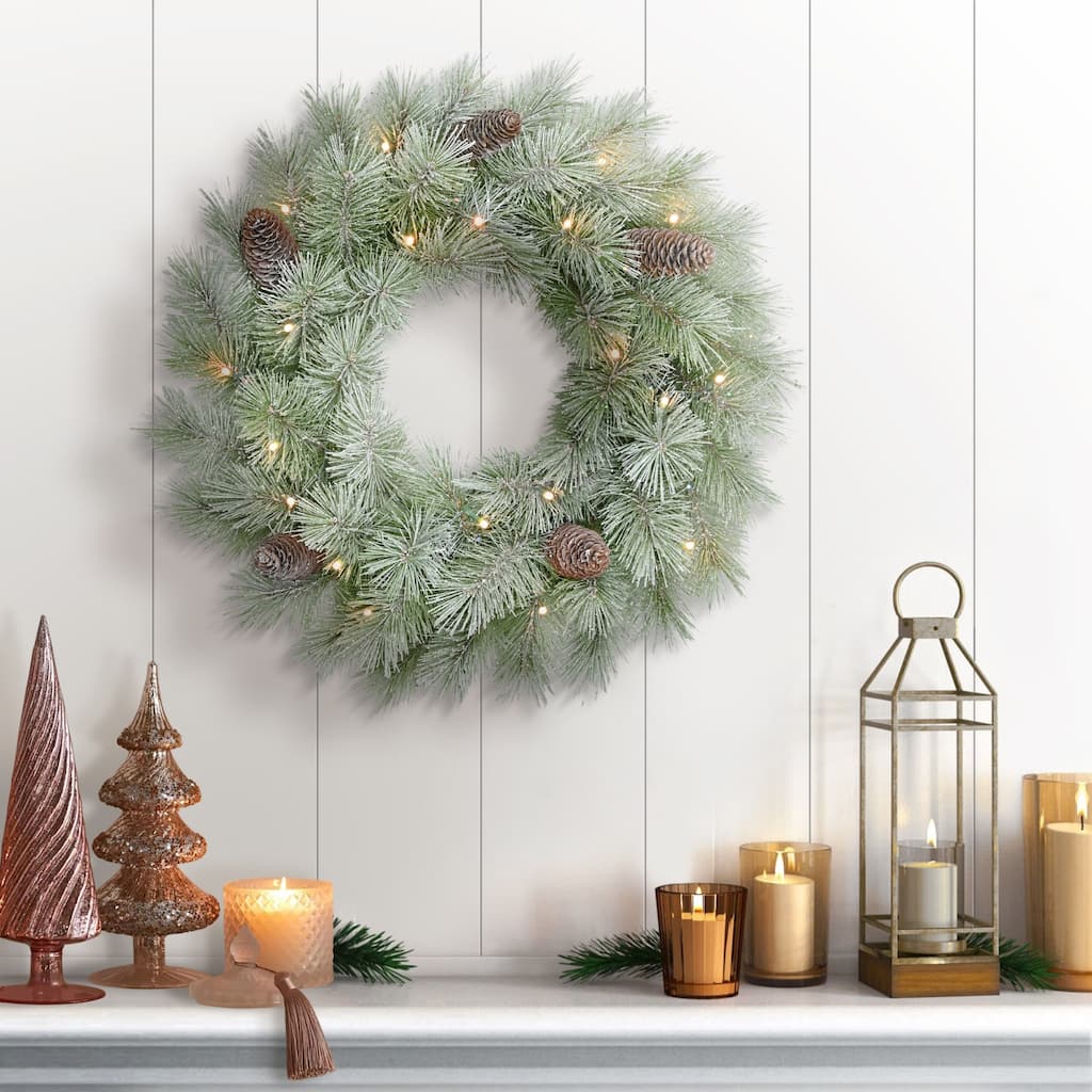 Pre-Lit Battery-Operated Flocked Artificial Christmas Wreath - 24" - Warm White