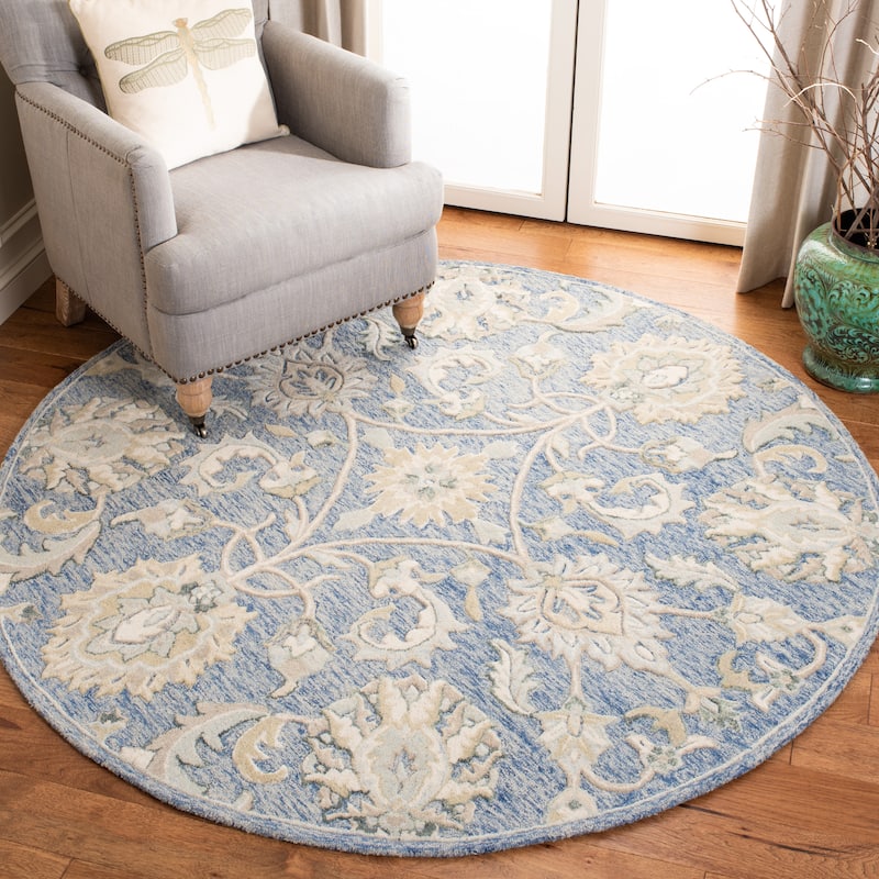 SAFAVIEH Handmade Glamour Marsona Floral Wool Rug - 6' Round - Blue/Beige
