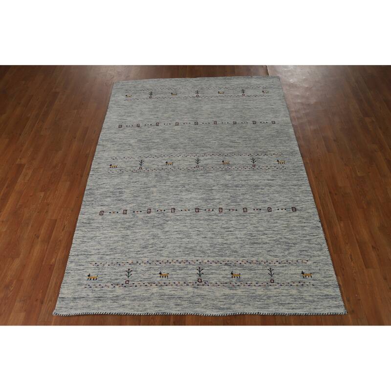 Hand Knotted Oriental 100% Wool Carpet Tribal Animal Pictorial Beige & Ivories Gabbeh Area Rug - 7' 10'' X 5' 5''