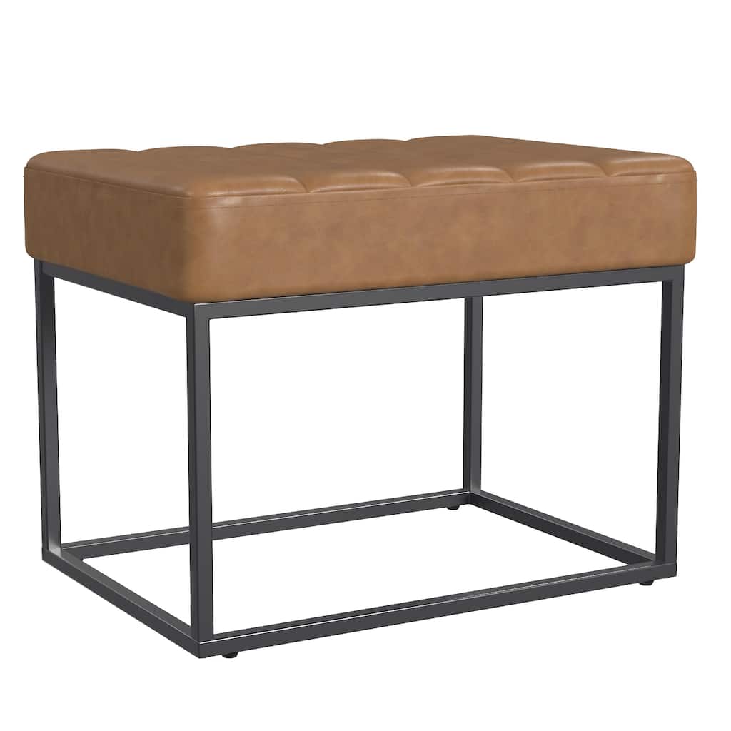 Kai Ottoman Footstool, Carmel Brown Faux Leather, Black Metal, 22 Inch