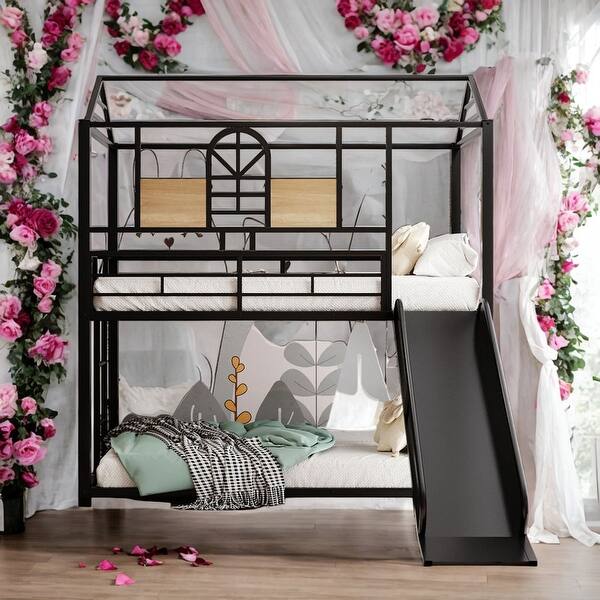 slide 2 of 18, Multifunction Twin Over Twin Metal Bunk Bed House Bed With Slide Black