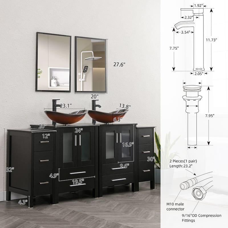 72" Bathroom Vanity Set Glass Ceramic Vessel Sink Side Cabinet Combo