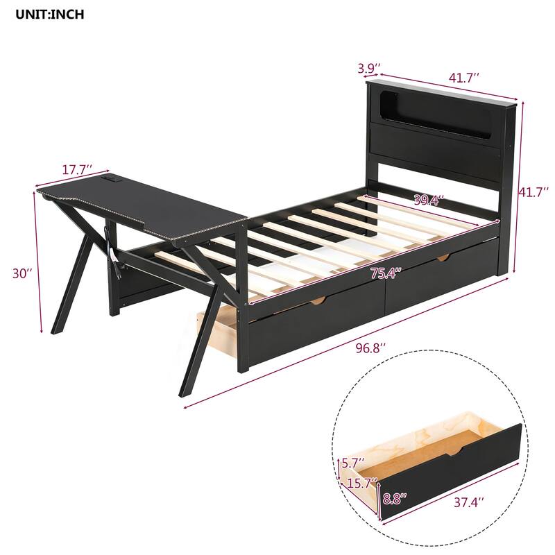 Wooden Gaming Platform Bed with LED Headboard, LED Desk, USB and 2 Storage Drawers, Black Bed Frame
