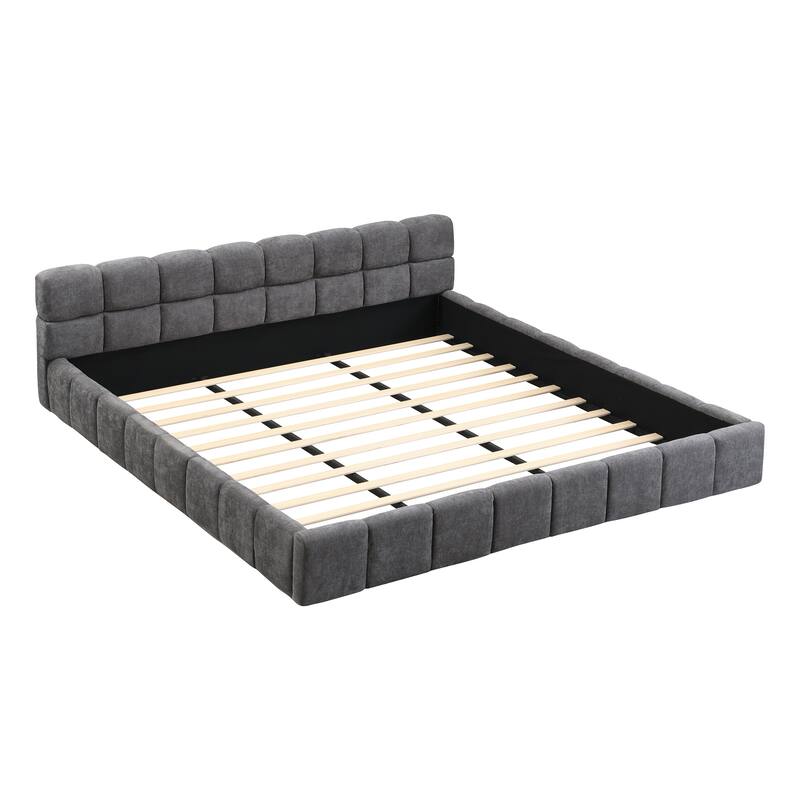 Grounded Bed Frame, Chenille Upholstered Platform Bed with Checkerboard Design, Stylish Bedroom Low Bed for Adults