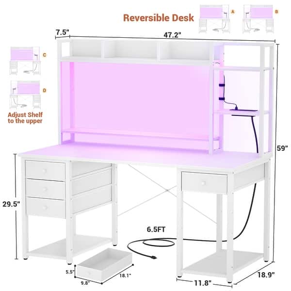 dimension image slide 2 of 4, Gaming Desk with Hutch and Drawers, Office Computer Desk with Charge Station and LED Light