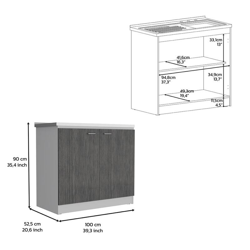 Freestanding Sink Cabinet with Double Doors and Two Shelves, White / Black, Practical Design, Stainless Steel