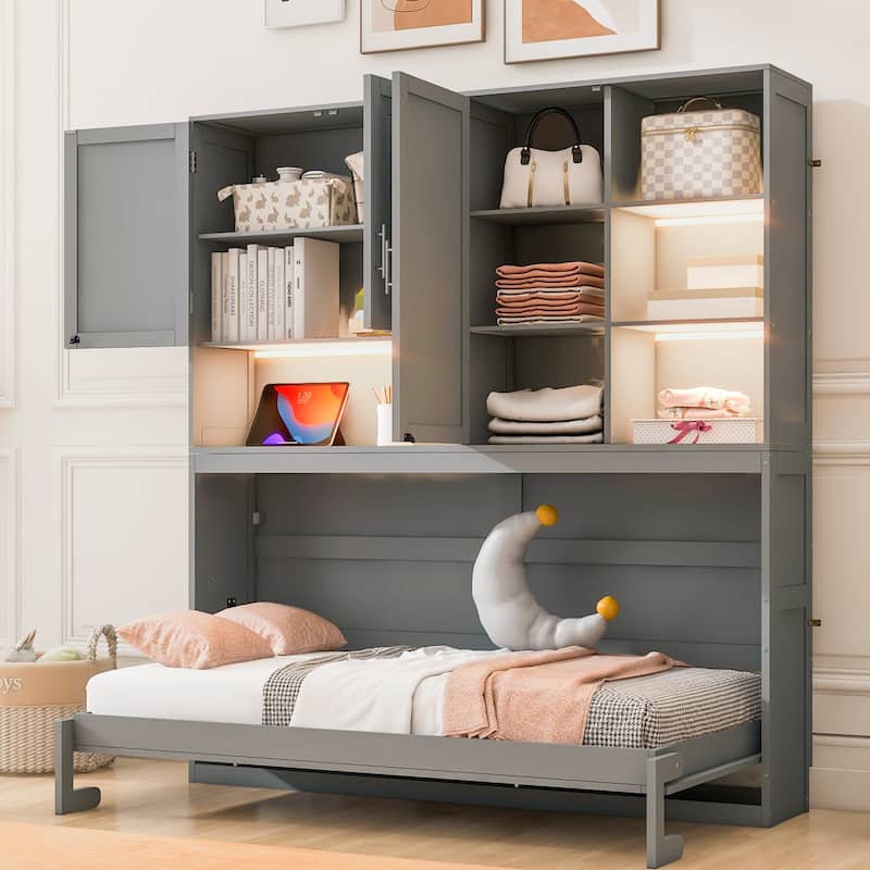 Twin/Full Size Murphy Bed Wall Bed with Top Cabinet, Shelves, Light, USB, and Storage, Space-Saving Foldable Design