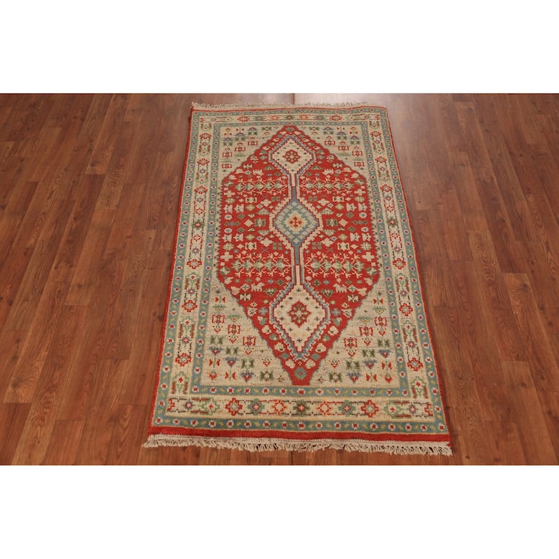 Geometric Kazak Indian Foyer Rug Hand-Knotted Wool Carpet - 2'9"x 5'1"