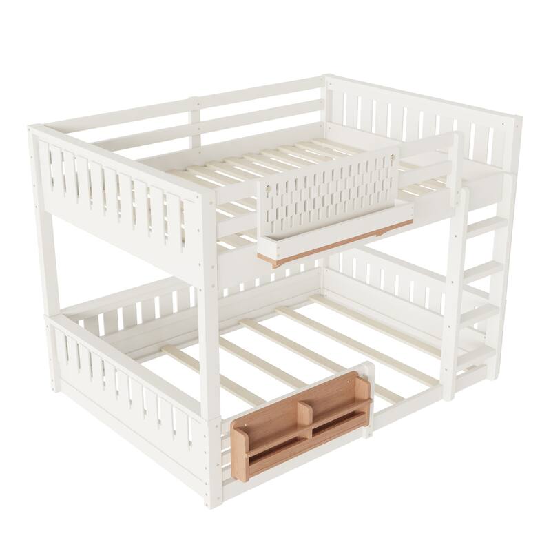Queen over Queen Bunk Bed with Ladder & Guardrails, Built-in Pegboard and Bookshelf, Sturdy Full Over Full Bunk Bed Frame