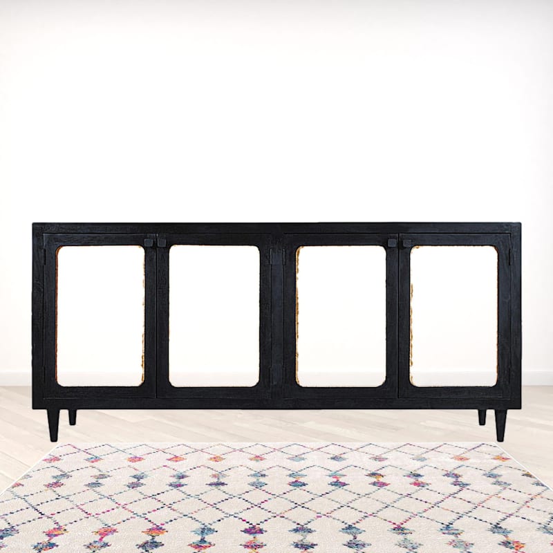 HomeRoots 82" Black Distressed Solid Wood Sideboard with Four Doors - 82.00 in. x 38.00 in. x 18.00 in. - 82.00 in. x 38.00 in.  x 18.00 in.