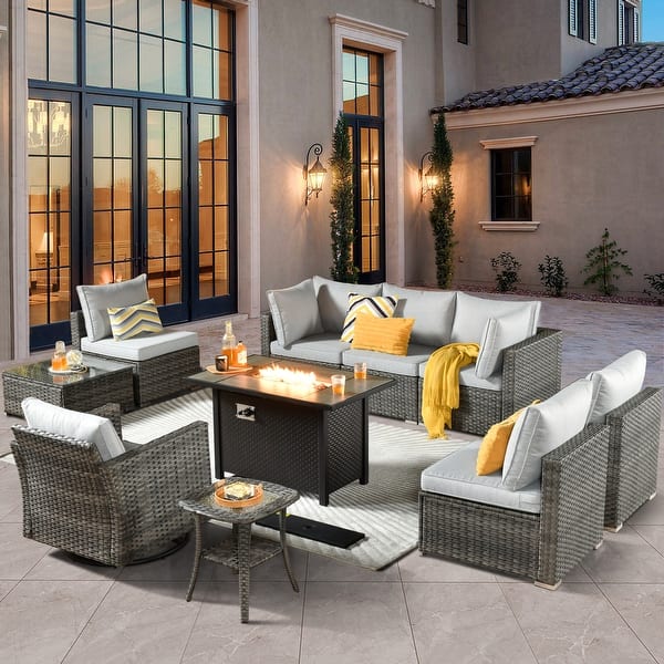XIZZI 10-Piece Patio Rattan Wicker Sectional Sofa Set with Fire Pit ...