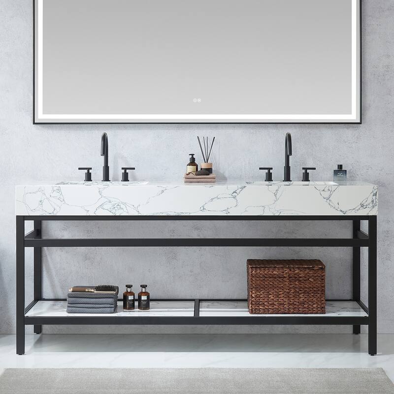Ecija Bath Vanity, Metal Support with Composite Stone Top and Mirror