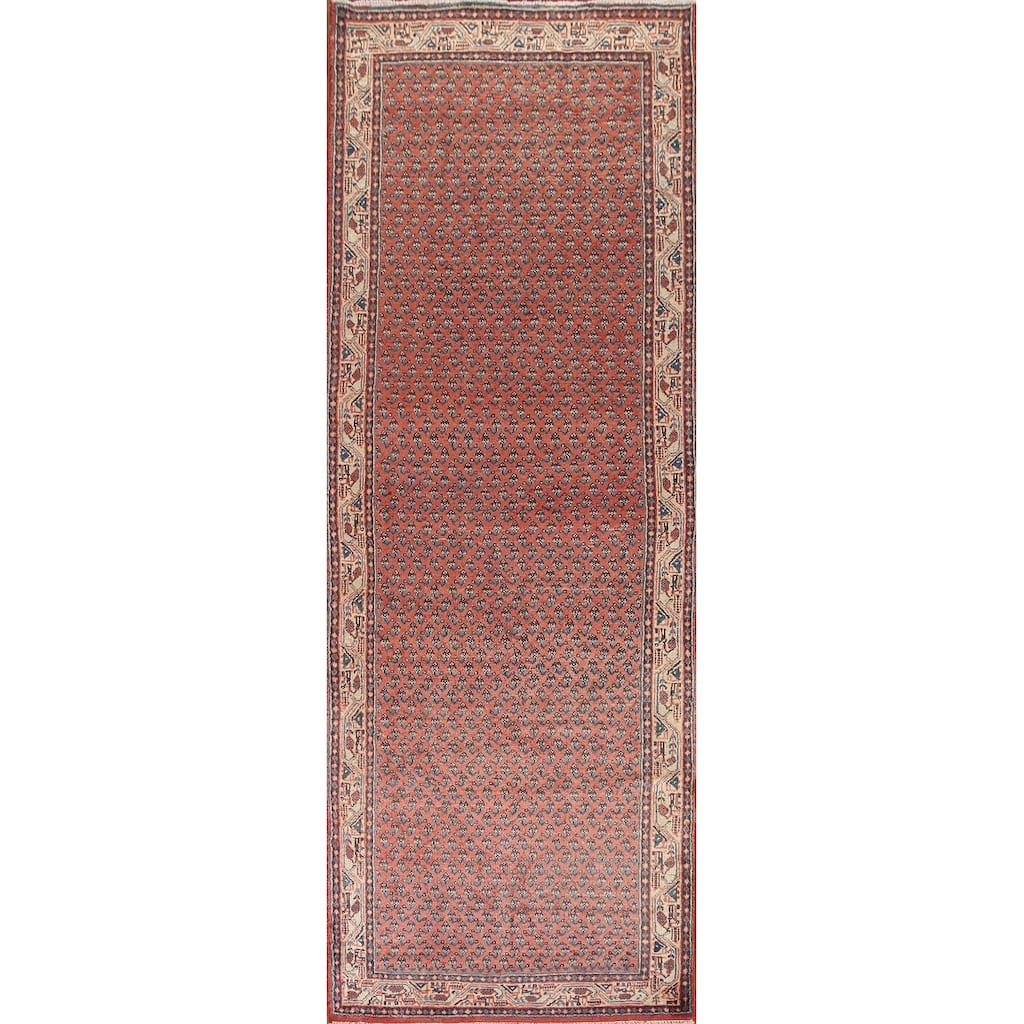 Hand Knotted Oriental 100% Wool Carpet Traditional All-Over Red Botemir Runner Rug - 10' 8'' X 3' 8''