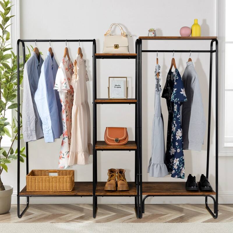 Freestanding Clothing Rack with 2 Wood Shelves - N/A