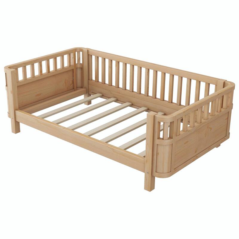 Wood Platform Bed for Kids, Low Profile Wooden Full Bed with Rails