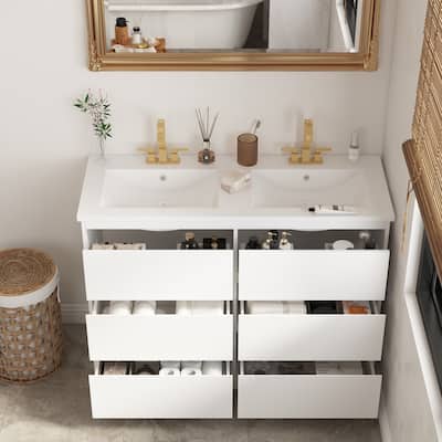 Elegant White Bathroom Vanity with Dual Sinks and Spacious Storage