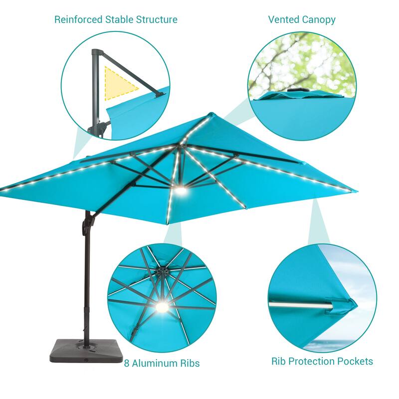 BONOSUKI 10x10FT LED Cantilever Patio Umbrella Angle Adjustment w/Base