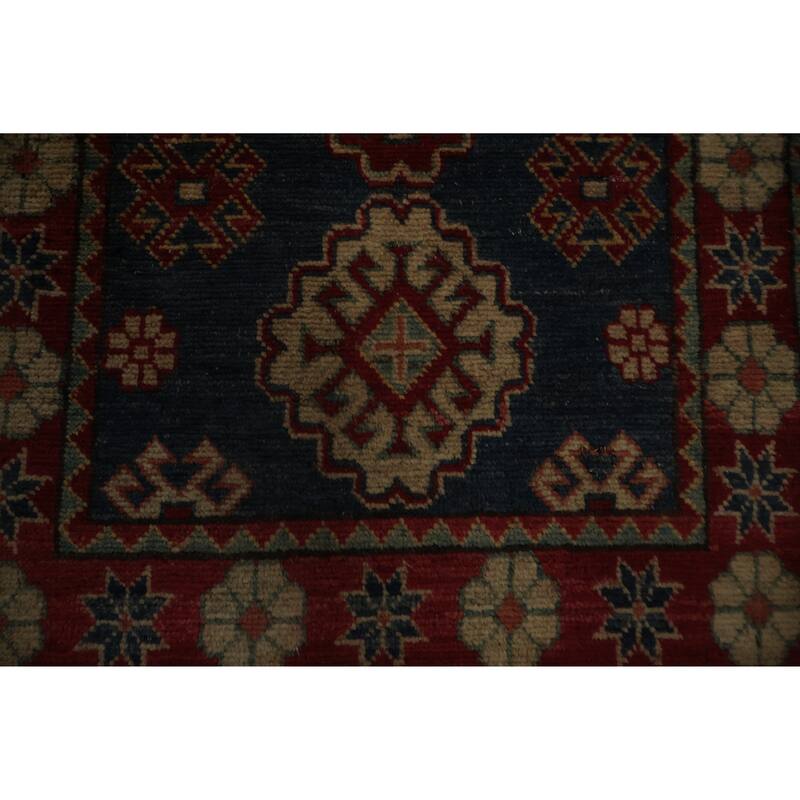 Hand Knotted Oriental 100% Wool Carpet Traditional Geometric Navy Blue & Blues Kazak Area Rug - 3' 1'' X 2' 1''
