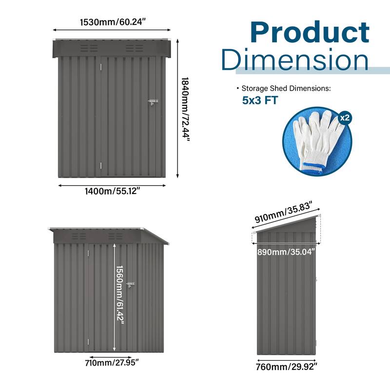 5X3 FT Metal Outdoor Storage Shed with Pitched Roof and Lockable Door - 5X3FT