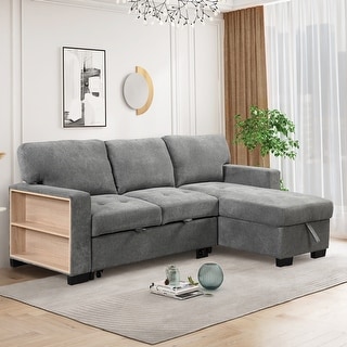 L-shape Sofa Set Pull Out Sleep Couch Set with USB Port and Storage ...