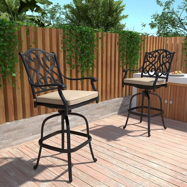 slide 2 of 16, Clihome Outdoor Cast Aluminum Vintage Carved Barstools Chairs with Cushions (Set of 2)