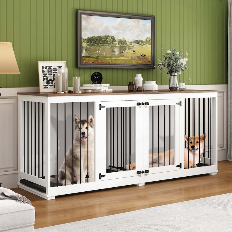 70.9" Large Double Wooden Dog Crate Furniture, Kennel with Dividers