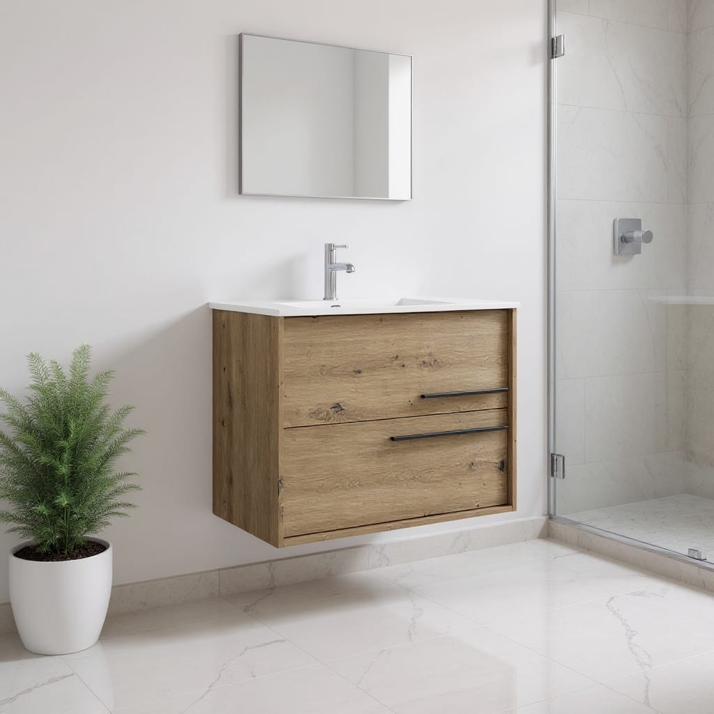 HomeRoots 32" Natural Wood Floating Bathroom Vanity With White Sink And Two Drawers - 32.00 in. x 24.60 in. x 21.60 in.