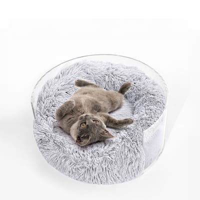 Bette 20.75" x 20.75" Small/Medium Modern Lucite Calming Fluffy Donut Pet Bed with Washable Cover, Light Gray/Clear