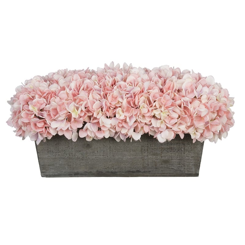Faux Hydrangeas in Grey Wood Washed Ledge Planter - Pink