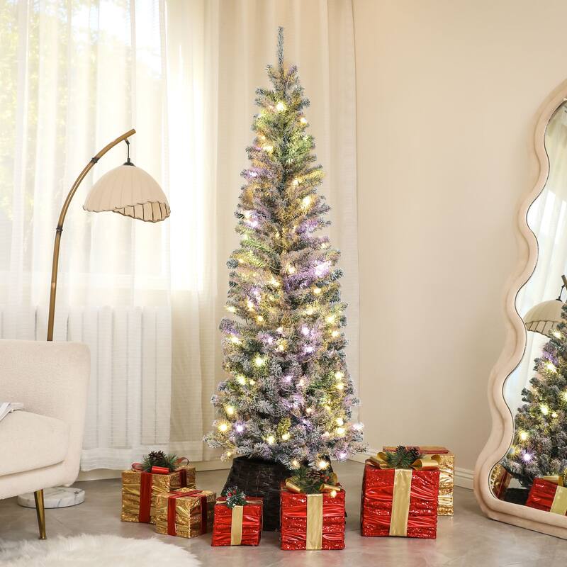 6/7.5/9FT Pre-Lit Flocked Pencil Artificial Christmas Tree with Dual Color LED Lights & Metal Stand