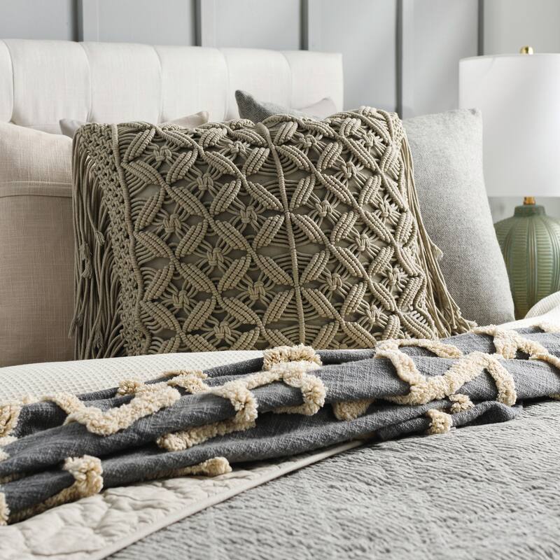 Umaiza Intricate Handwoven Throw Pillow with Long Tassels - 20"H x 20"W - Cover Only - Gray