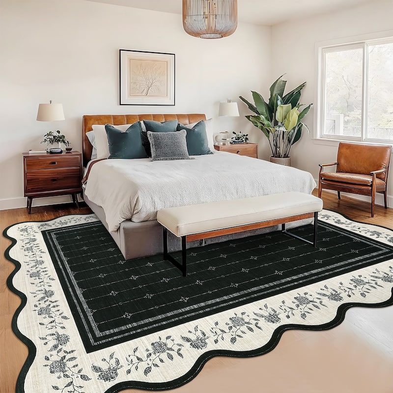 Garvee Scalloped Rose Floral Bordered Area Rug