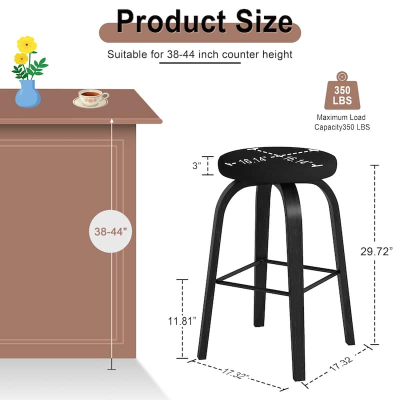 Swivel Bar Stools Set of 2, Bar Height Backless 30″Bar Stool, Fabric Upholstered Seat, Sturdy Wood Legs and Metal Footrest