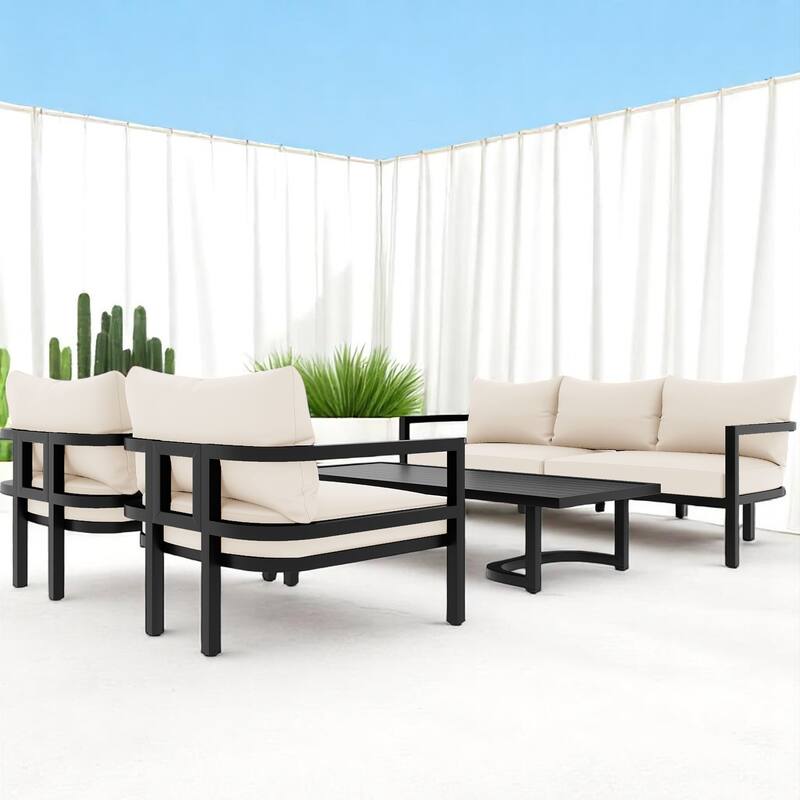4-Piece Outdoor Patio Furniture Set with Acacia Wood Coffee Table, Steel Frame Sofa Set with Cushions, Curved Backrest