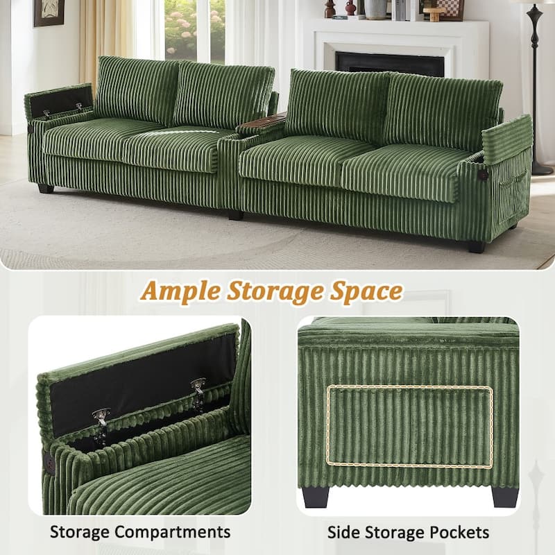 133" Modern 4-seater Corduroy Sofa Couch with USB Ports and Flip-top Cup Holders