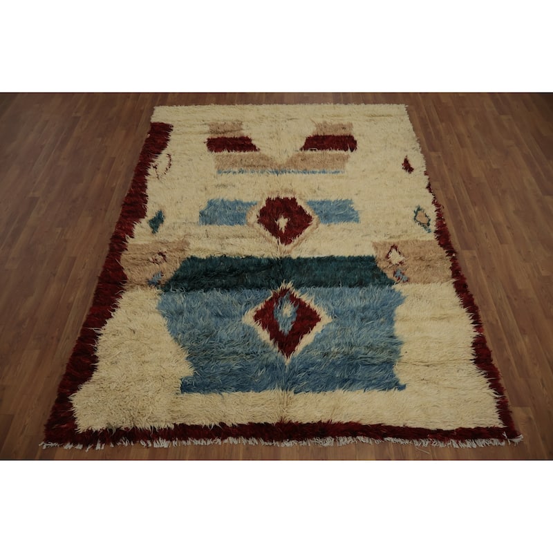 Hand Knotted Oriental 100% Wool Carpet Modern Tribal Beige & Ivories Moroccan Area Rug - 9' 4'' X 6' 9''
